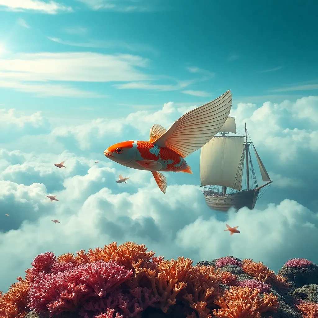 A coral reef in the clouds, populated by winged koi fish and pirates sailing ships with silk sails dyed by auroras.