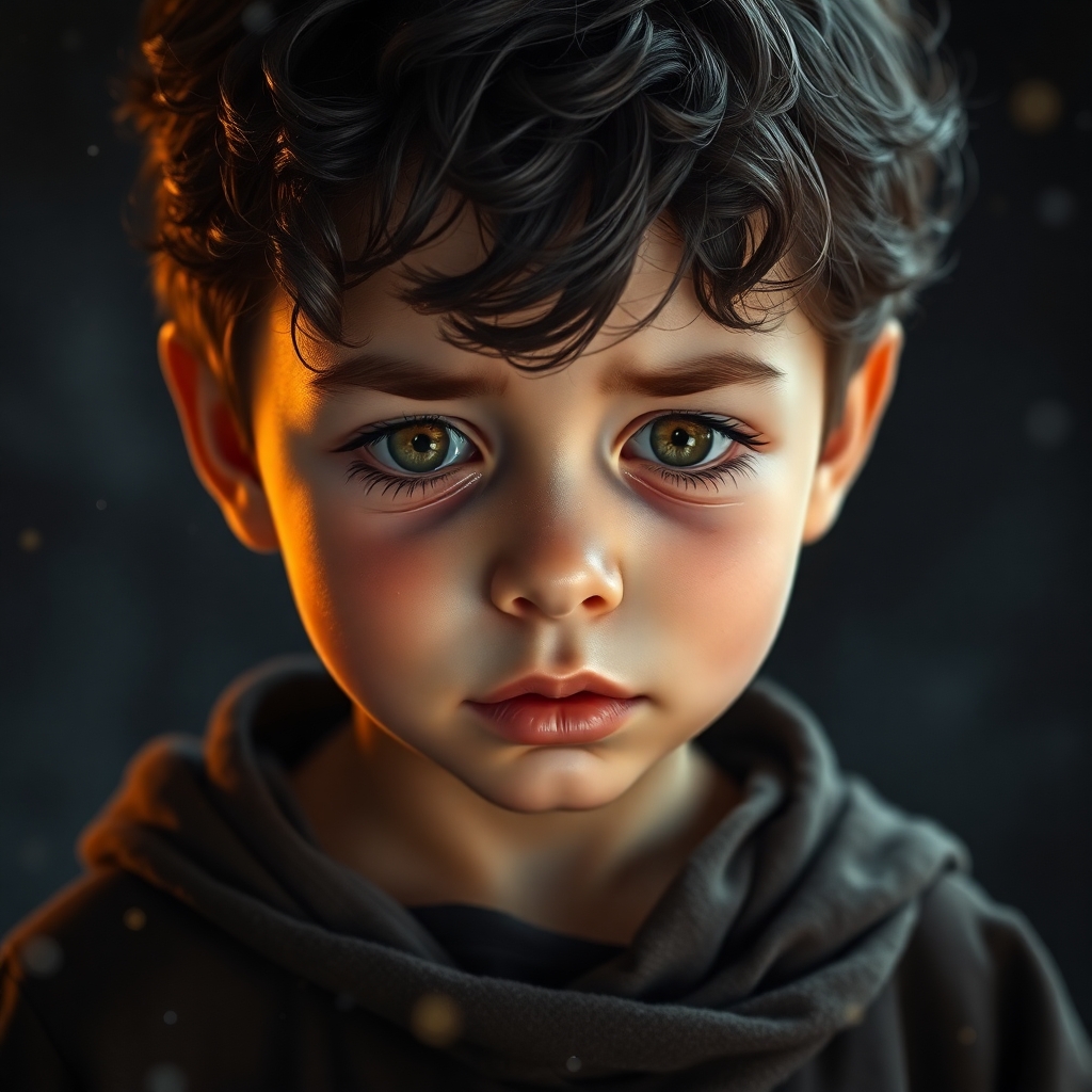 boy with round face is crying, 1 year old, short curly hair, brown eyes, wearing dark
