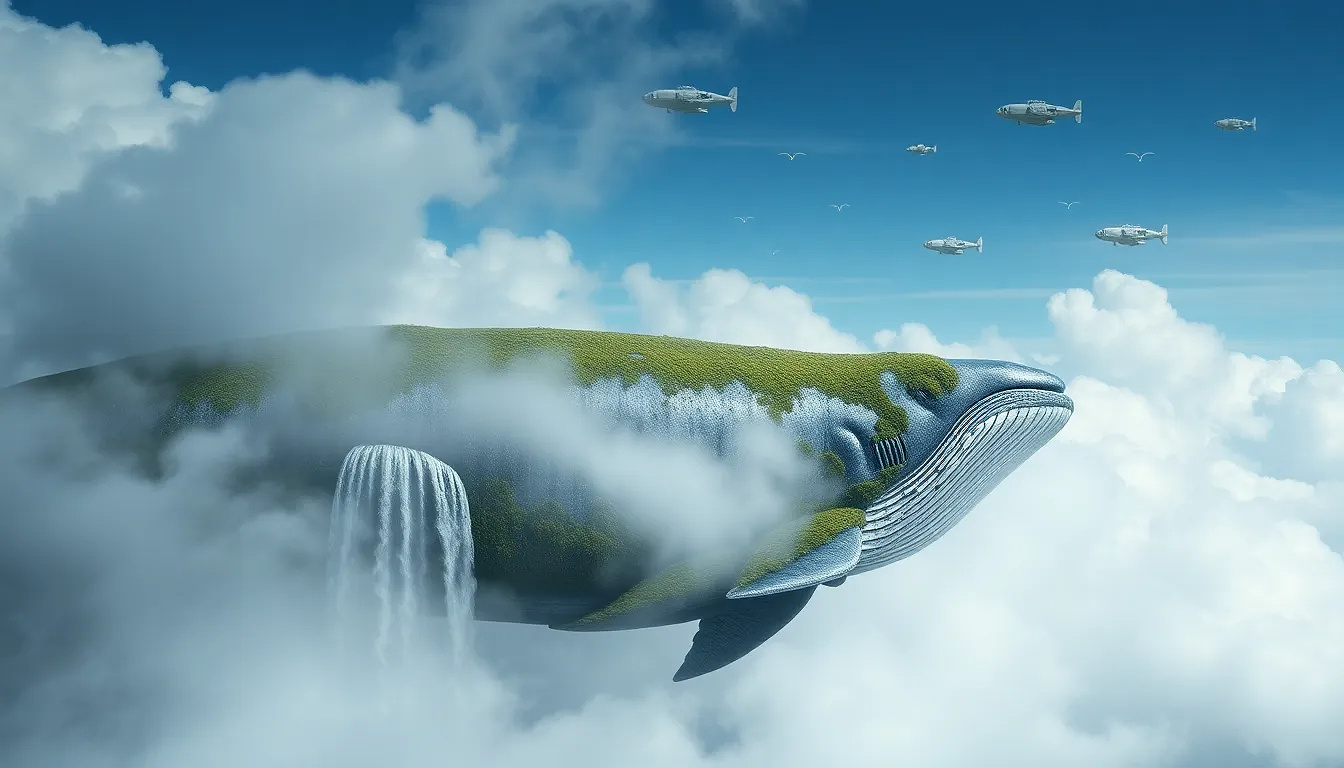 Colossal whale floating in the clouds, covered in moss and waterfalls, airships circling like tiny birds.