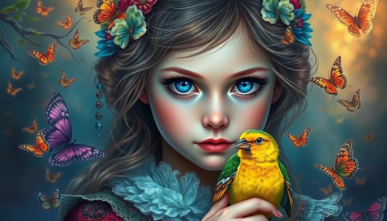 A very beautiful 8 year old girl with blue eyesk she is holding a colorful canary and butterflies around her