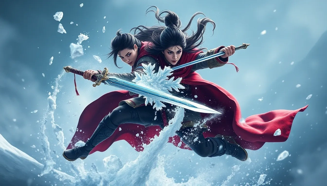 “Mulan in mid-leap deflecting avalanche debris with her sword, snow plume exploding around her, crimson cape billowing, fierce resolve in her eyes”