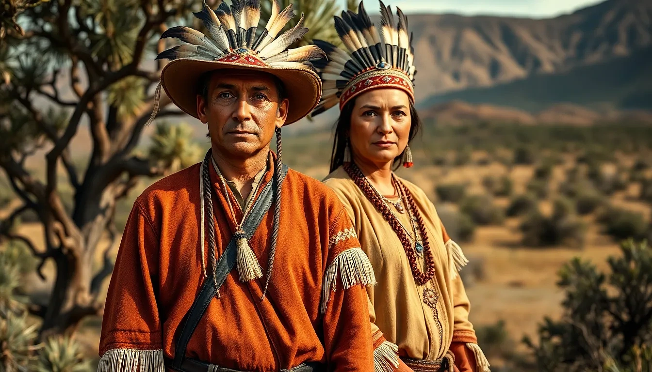 Native Americans couple wearing traditional clothes in the year 1733, background: Texas desert
