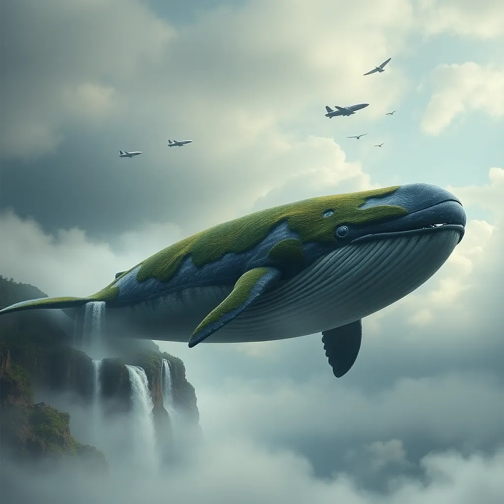 Colossal whale floating in the clouds, covered in moss and waterfalls, airships circling like tiny birds.