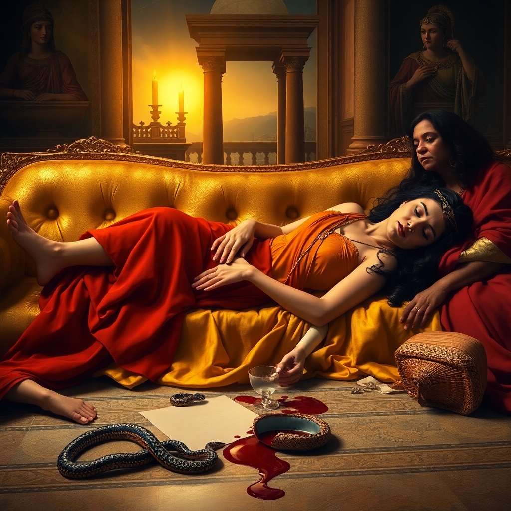 A dramatic, emotionally charged scene of Cleopatra VII's suicide in her Alexandrian palace, 30 BCE. The last Pharaoh of Egypt, a beautiful yet weary woman with Hellenistic features (copper skin, wavy black hair, a diadem resting askew on her brow), lies lifeless on a golden couch, draped in sheer crimson and gold linen. A small, venomous Egyptian cobra slithers away from her bare arm, its bite marked by twin punctures. Her hand clutches a rolled papyrus scroll—Caesar’s sealed letter—while a shattered goblet spills wine like blood onto the mosaic floor. Around her, two distraught handmaidens (one Nubian, one Greek) collapse in grief, their robes disheveled, one holding a discarded asp basket. The opulent chamber is bathed in torchlight, its Ptolemaic frescoes fading into shadow as dawn breaks through the balcony, symbolizing Rome’s impending conquest. The composition echoes Baroque paintings—rich colors, chiaroscuro lighting, and tragic grandeur.