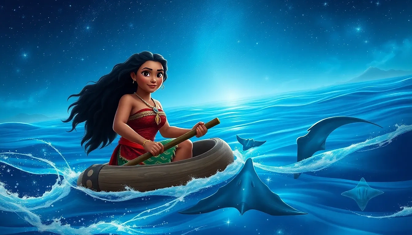 “Moana steering her wayfinding raft through bioluminescent seas, manta rays beneath, sky blazing with stars, steadfast determination”