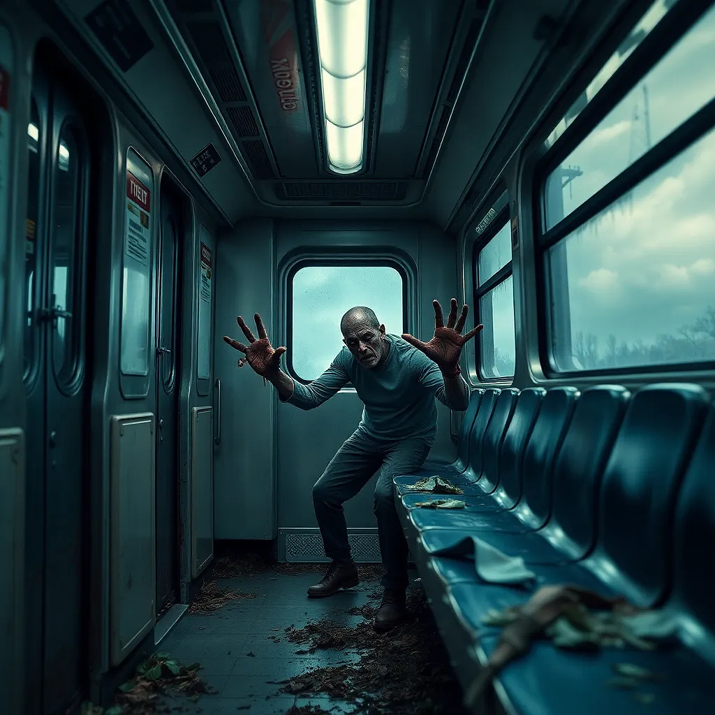 Zombie outbreak in a subway tunnel, last survivor hiding behind a train seat, rotting hands clawing through the windows.