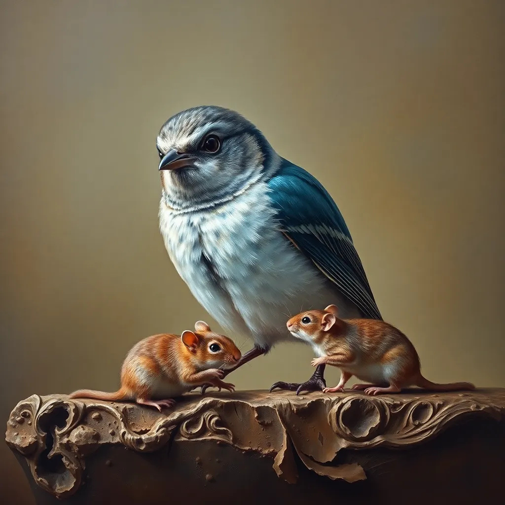 Beautiful bird playing with a mouse, oil painting
