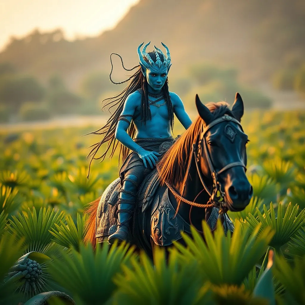 A Na’vi-like warrior with azure skin and neural tendrils, riding a armored direhorse through a field of giant fan-shaped plants.