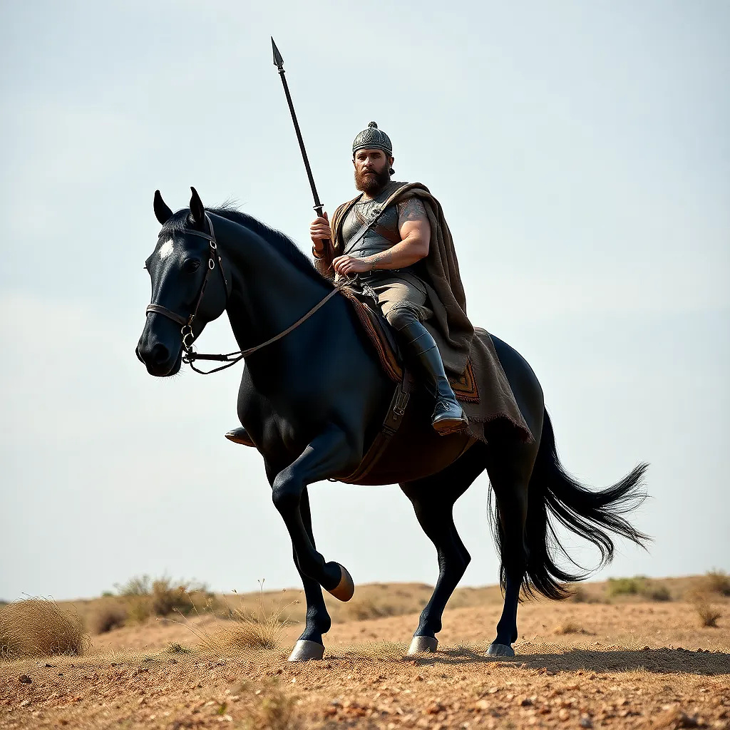 Alexander the Great is riding his black horse, going to war with his scaring army. Ulra-detailed.