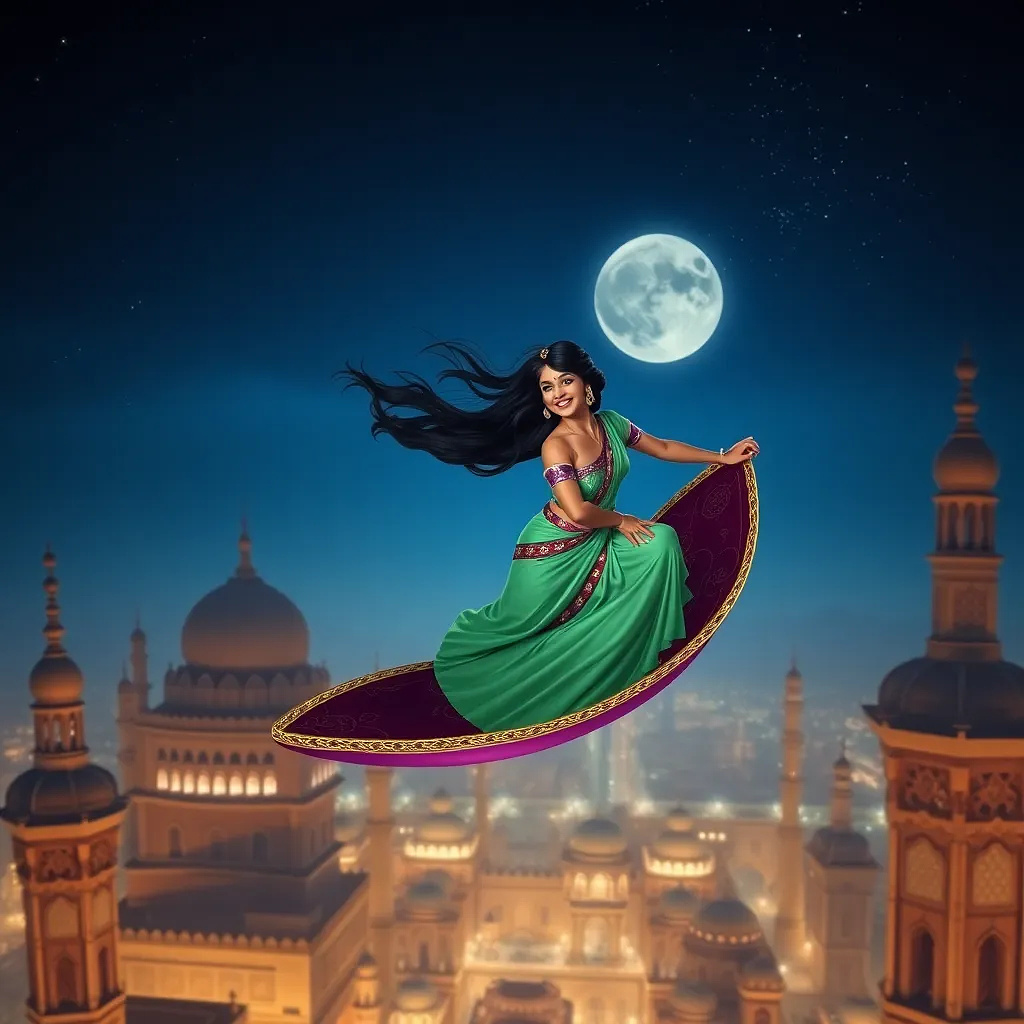 Aerial shot of Aladdin and Jasmine on the magic carpet diving between Agrabah’s moonlit minarets, hair whipping in the wind, sparkling night sky, exhilarated laughter