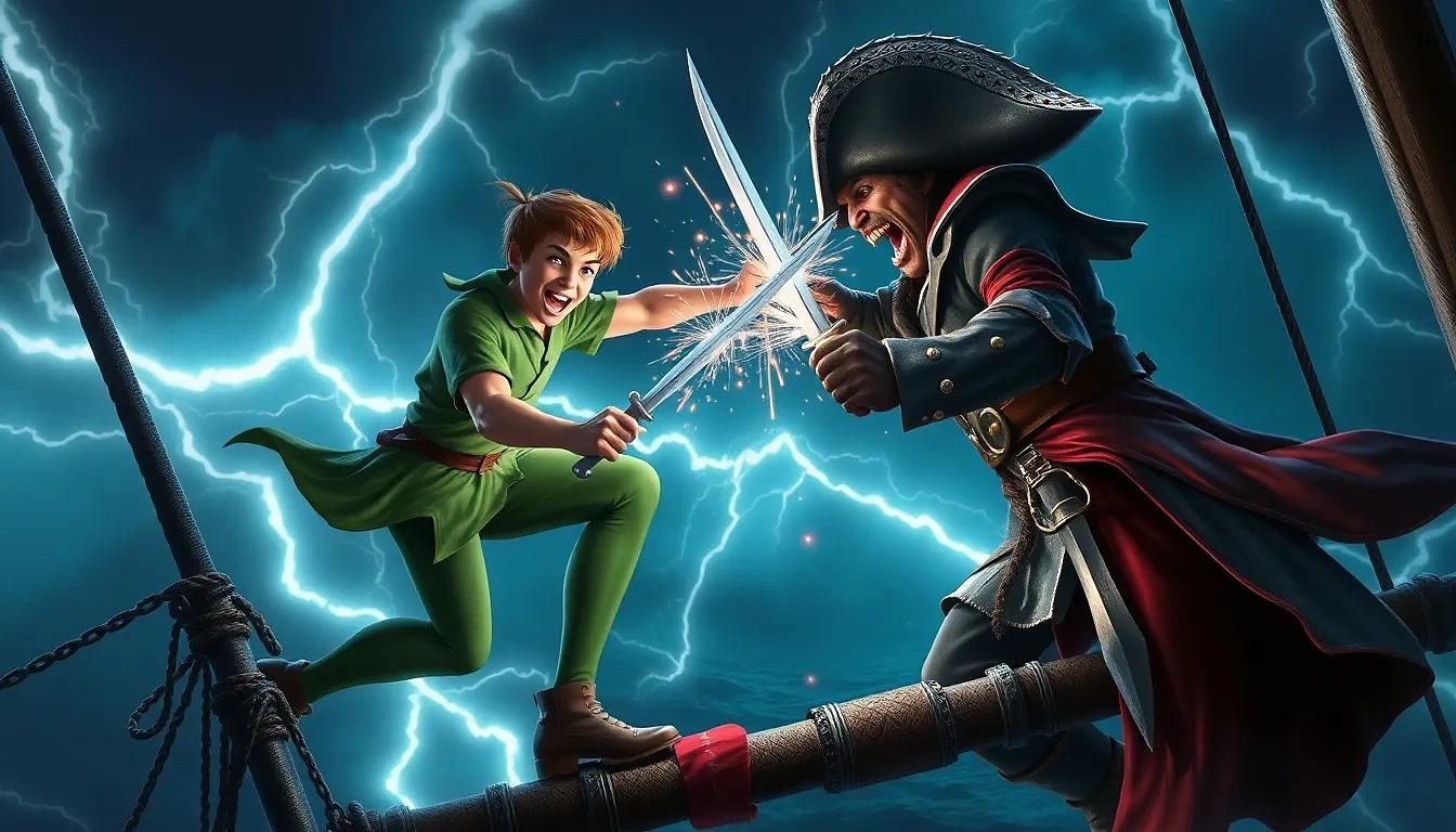 “Peter Pan dueling Captain Hook on a masttop during a lightning storm, blades clashing with sparks, bold grin vs. snarling rage”