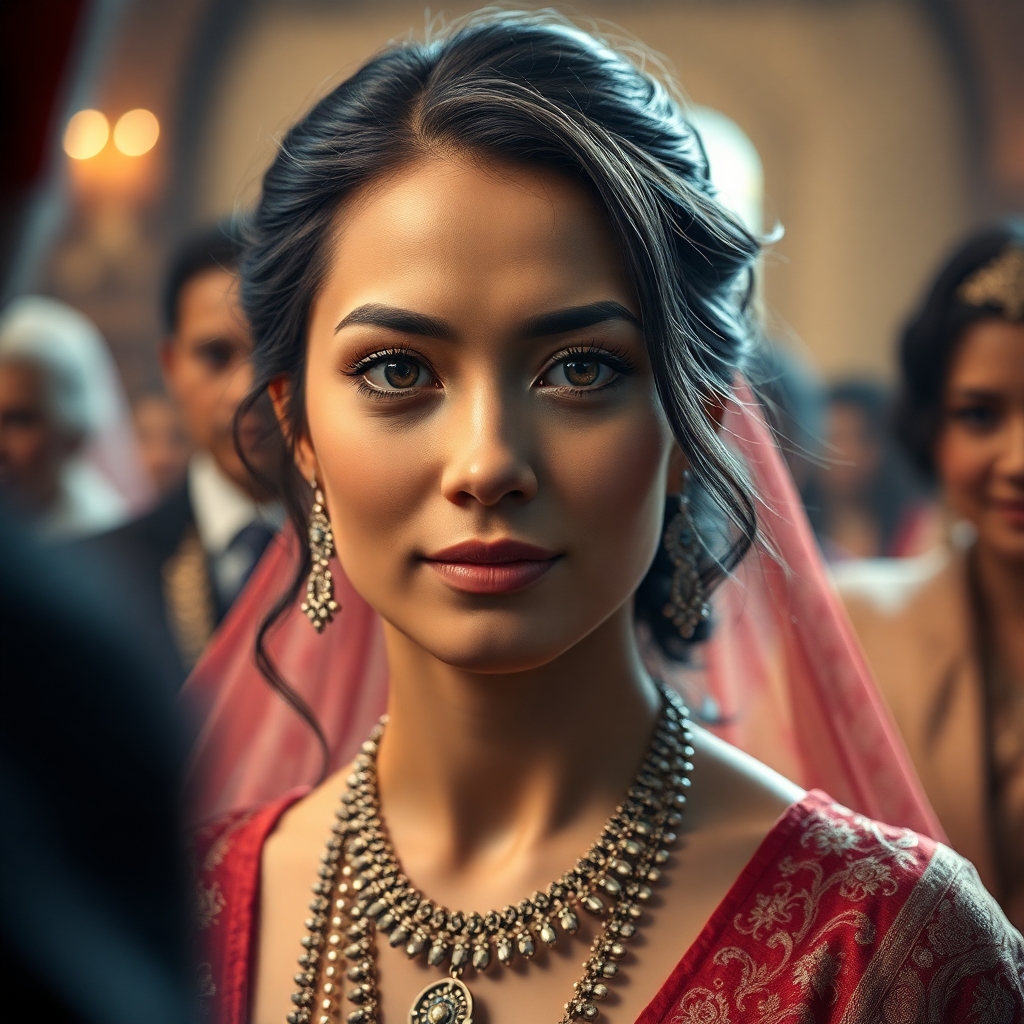 Woman with round face, 35 years old, light brown skin, dark brown hair, brown eyes, wearing Glorious clothes in her marriage ceremony and greeting gests