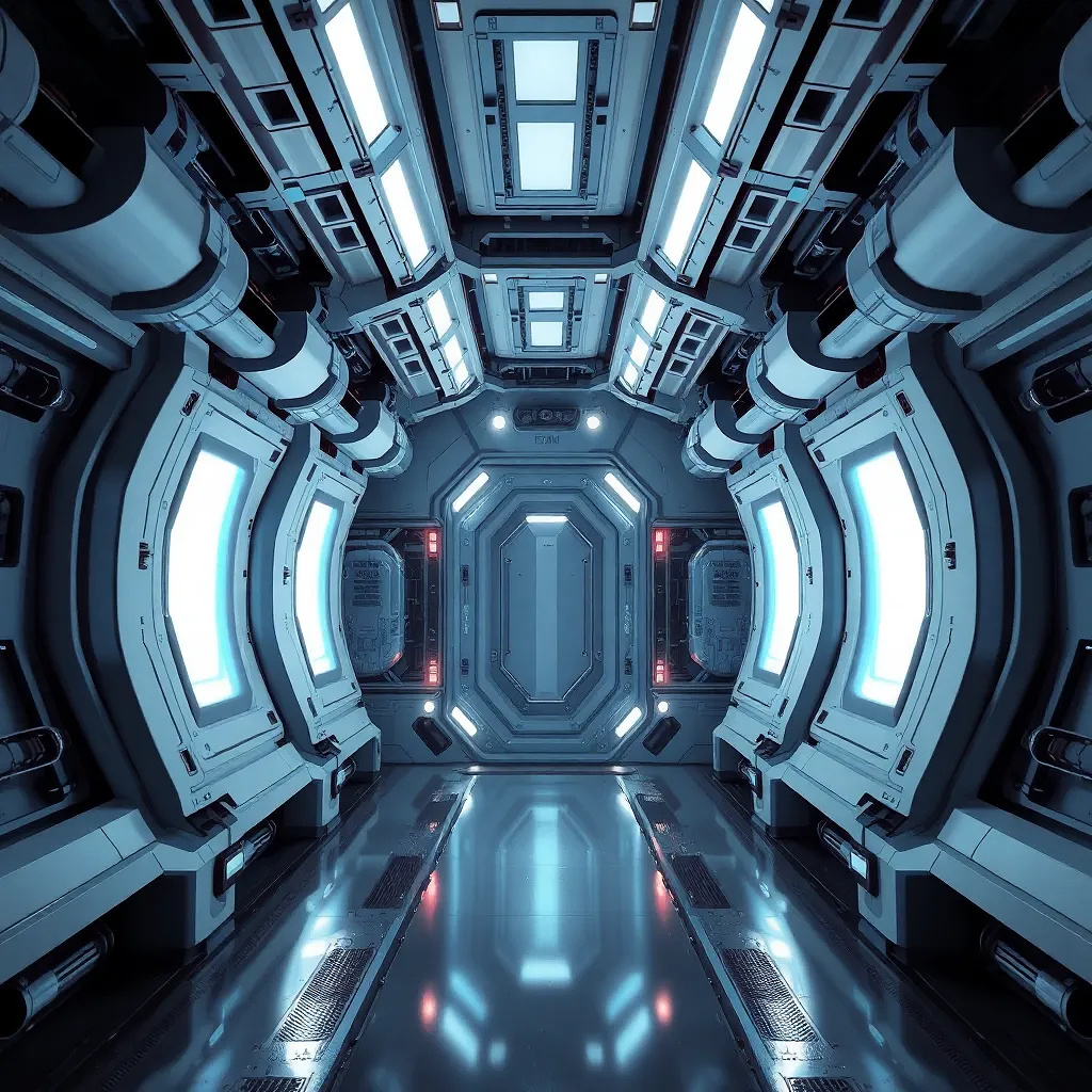 A futuristic sci-fi corridor inside a spaceship, clean white and blue lighting, realistic reflections, intricate mechanical design, 3D render style