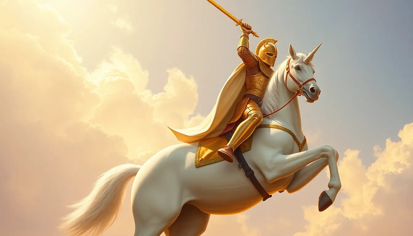 A knight in shining gold armor rides a magnificent white unicorn. The knight, positioned slightly to the right of center, is mid-stride, with a triumphant pose, holding a golden sword aloft.  His armor is detailed, showcasing intricate patterns and gleaming surfaces. He wears a flowing, off-white cape that billows behind him. The unicorn is a pure white, with a large horn on its forehead.  The horse is in a dynamic, rearing pose, with all four legs off the ground. The background features a pale blue sky dotted with soft, fluffy white clouds.  Warm, golden light bathes the scene, creating a dramatic and heroic atmosphere. The image has a stylized, somewhat romanticized aesthetic, evoking a sense of fantasy and adventure. The perspective is slightly from below, emphasizing the height and grandeur of the scene.  The composition is balanced, focusing attention on the knight and unicorn in the foreground against the sky.