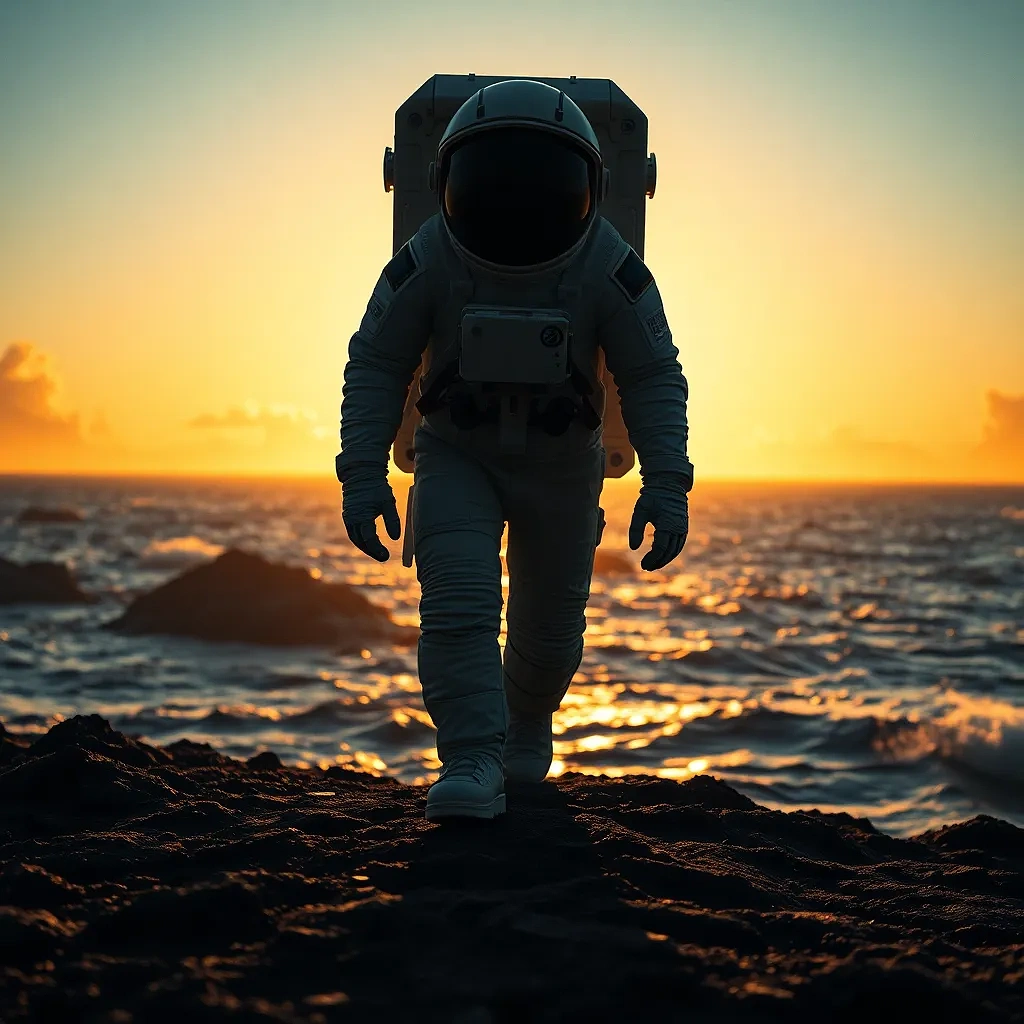 “Lone astronaut stepping onto an ocean planet at dawn” – wide-angle IMAX frame, volumetric light, lens flares