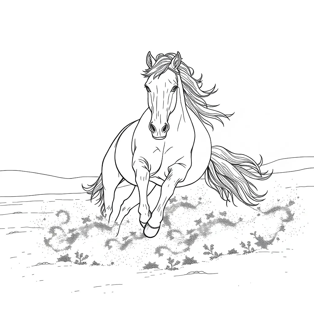 A galloping wild horse in the desert, freeze motion, dust clouds beneath, all captured detailed