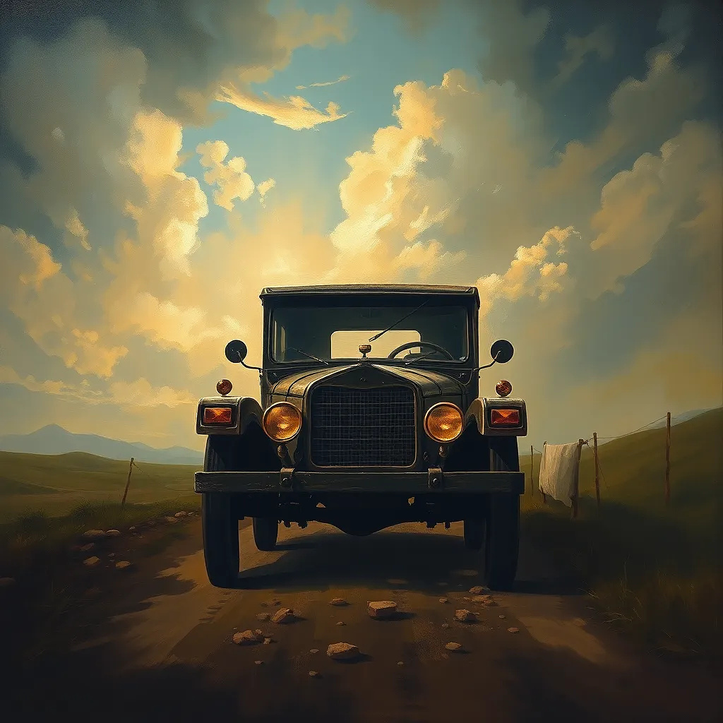 Ancient car in the road, nature, oil painting
