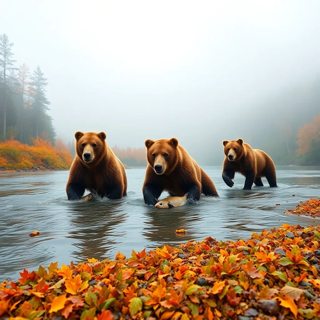 “Family of brown bears fishing mid-stream in salmon-rich Alaskan river, autumn forest blazing orange on both banks, morning fog lifting, photographic, panoramic view”