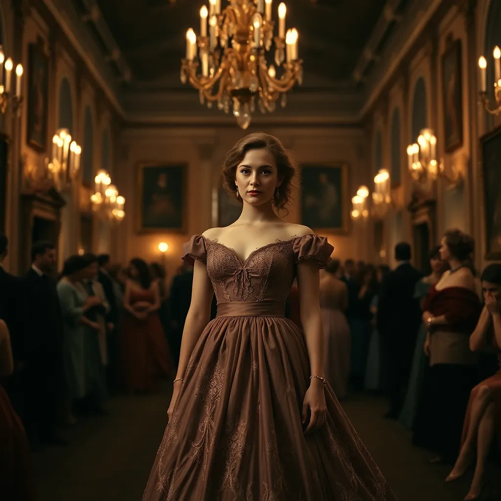 “Victorian ball in candlelit palace” – sweeping crane shot, shallow depth-of-field, rich warm tones