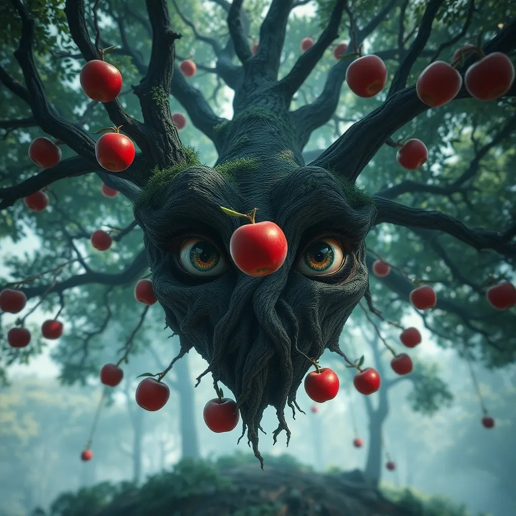 A forest where trees grow upside-down, roots cradling the sky, and apples fall upward into the void.