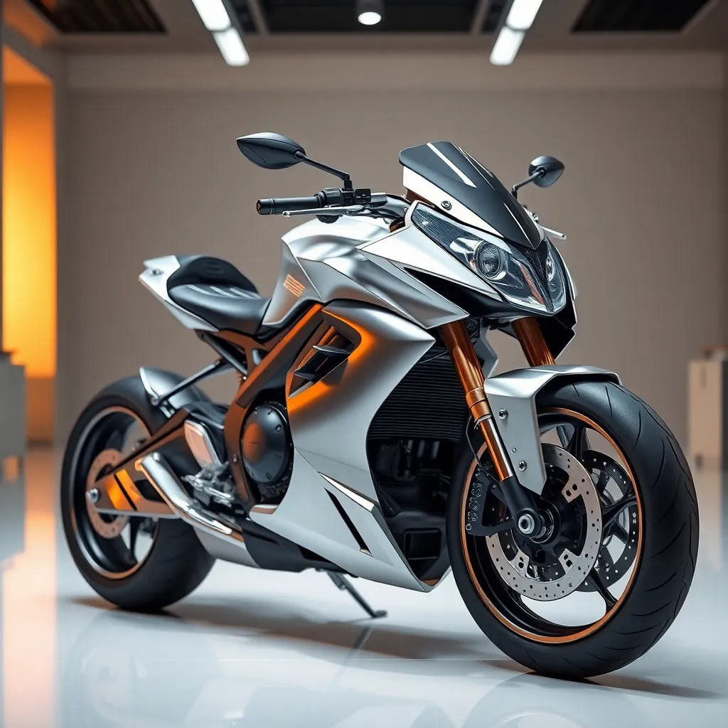 A futuristic concept motorcycle in a sleek showroom, polished chrome and carbon fiber textures, studio lighting, photorealistic 4K render