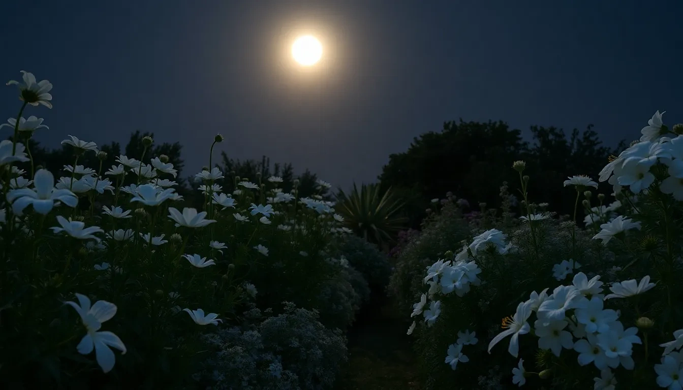 “Moonlit white garden featuring night-blooming nicotiana, Casablanca lilies, white cosmos, silver artemisia, and dwarf white hydrangeas, subtle glow, photographic”