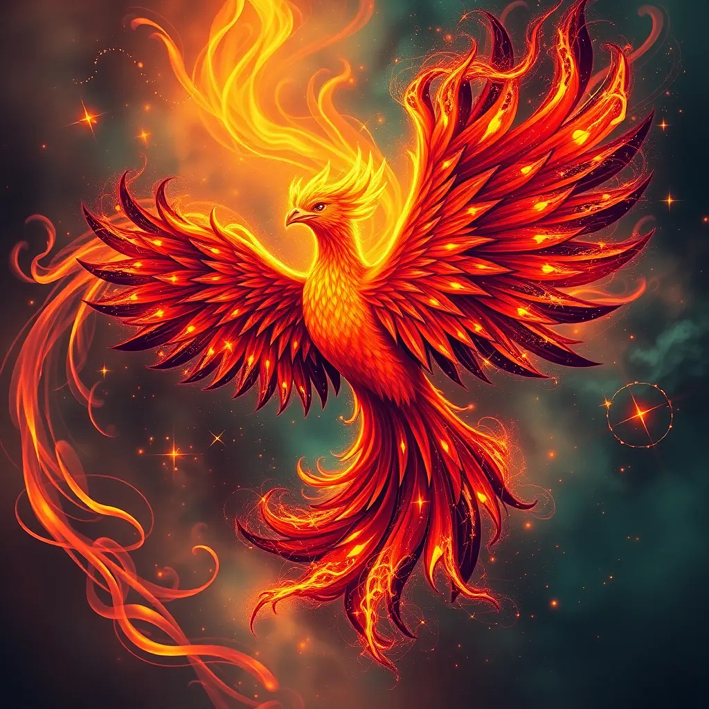 A phoenix bursting into flames mid-flight, reimagined as a cosmic entity with stars in its feathers, vivid fire trails across the sky, surreal and dreamlike tones