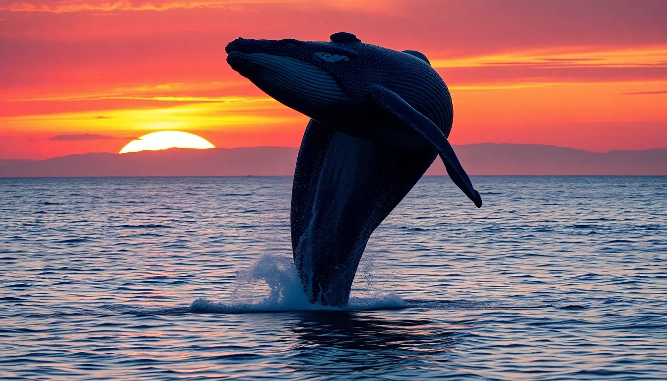 “Pair of humpback whales breaching in sync against fiery sunset, crimson sky reflecting on calm Pacific, wide 16 mm perspective, photographic, panoramic view”