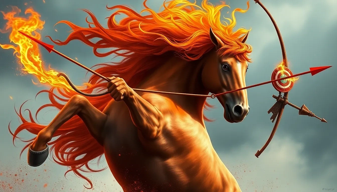 “Merida loosing a flaming arrow that splinters a target mid-gallop, stallion rearing, her hair a wild crimson blaze, fierce independence”