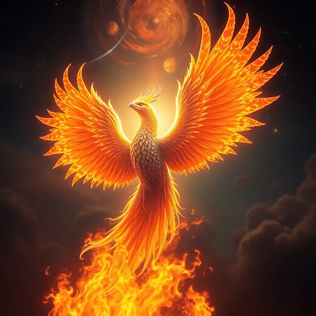 A phoenix rising from golden flames, celestial sky with swirling galaxies.