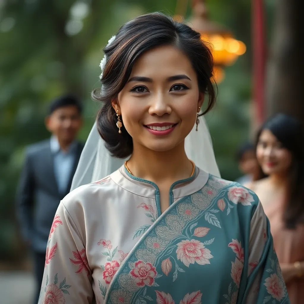 Woman with round face, 35 years old, light brown skin, dark brown hair, brown eyes, wearing Glorious clothes in her marriage ceremony and greeting gests