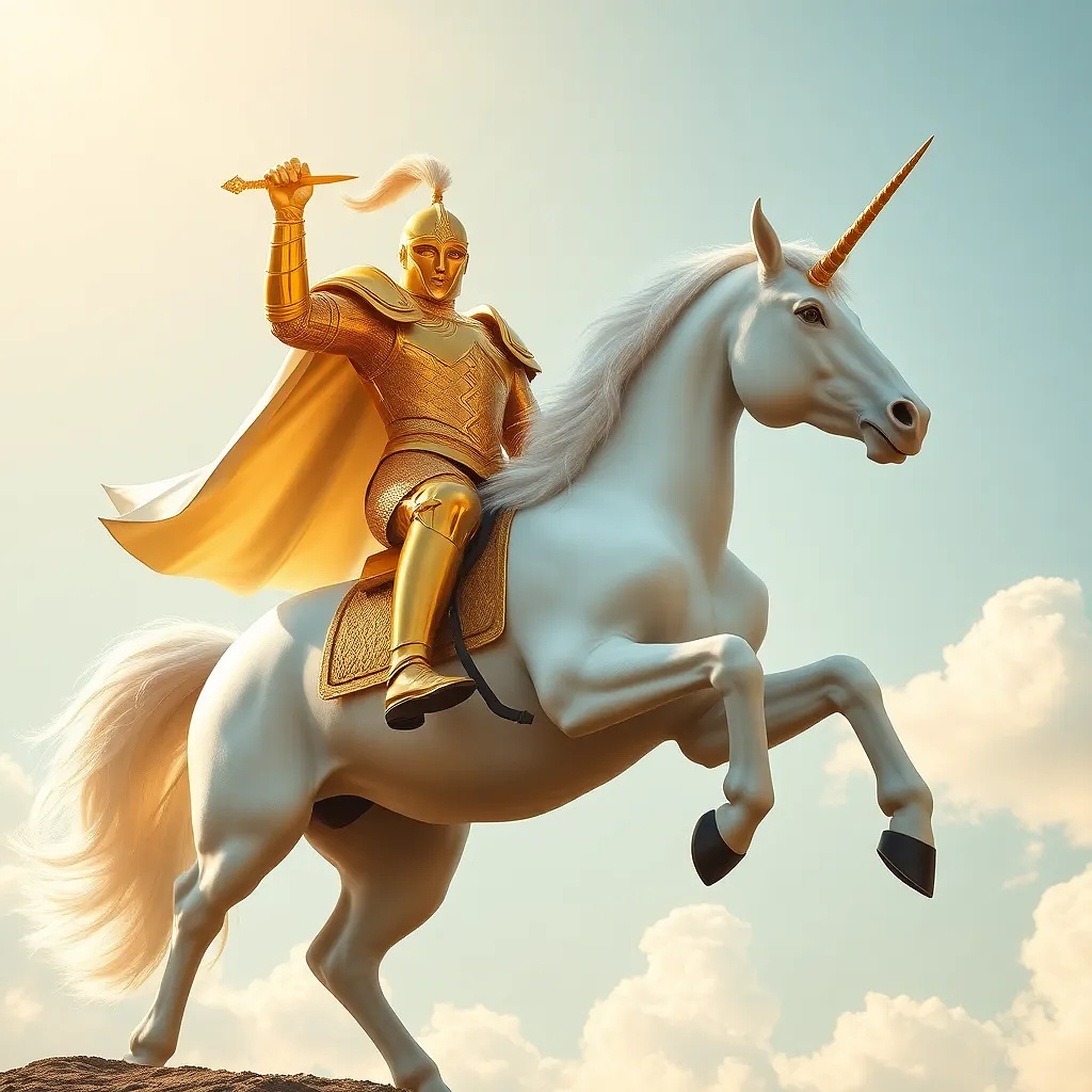 A knight in shining gold armor rides a magnificent white unicorn. The knight, positioned slightly to the right of center, is mid-stride, with a triumphant pose, holding a golden sword aloft. His armor is detailed, showcasing intricate patterns and gleaming surfaces. He wears a flowing, off-white cape that billows behind him. The unicorn is a pure white, with a large horn on its forehead. The horse is in a dynamic, rearing pose, with all four legs off the ground. The background features a pale blue sky dotted with soft, fluffy white clouds. Warm, golden light bathes the scene, creating a dramatic and heroic atmosphere. The image has a stylized, somewhat romanticized aesthetic, evoking a sense of fantasy and adventure. The perspective is slightly from below, emphasizing the height and grandeur of the scene. The composition is balanced, focusing attention on the knight and unicorn in the foreground against the sky.