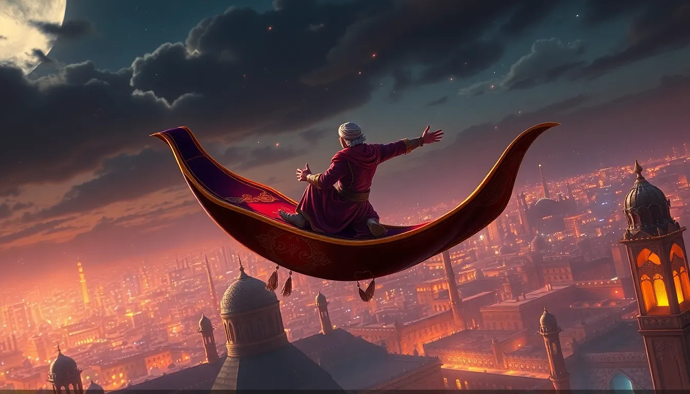 Aladdin rides the magic carpet and flies over Baghdad, the city of dreams.