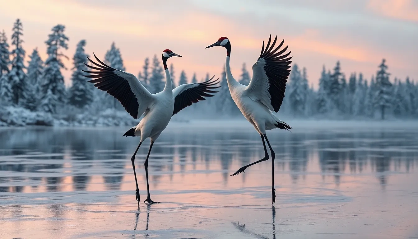 “Red-crowned cranes dancing on frozen lake framed by snow-dusted pines and pastel dawn sky, ultra-wide 12 mm, photographic, panoramic view”