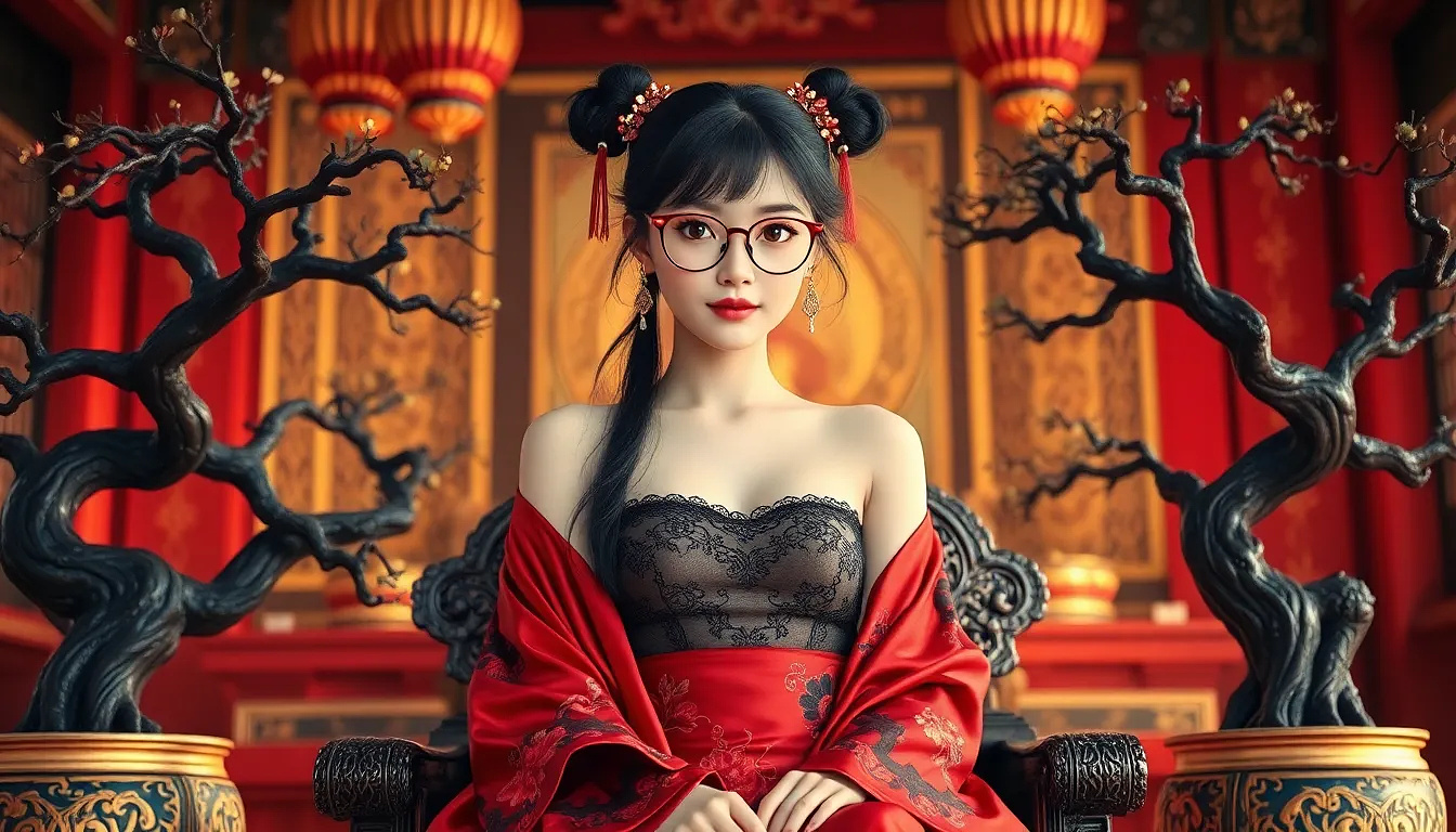 A raw professional quality photorealistic high-detail textures a youthful stunning sultry cute Chinese maiden wearing glasses with dark amber seductive eyes seated on an ornate throne flanked by two large gnarled bonsai trees inside an opulent warmly lit Buddhist temple. She has dark hair in twin long ponytails and twin buns with gold hairpins and a delicate antique gold filigree headpiece. She has voluptuous large C-cup breasts and wears silk bandeau tube top made of delicate sheer black silk mesh with antique gold filigree, the bottom border is antique gold cloud motif filigree. She wears a flowing crimson red satin silk overcoat with deep crimson red swirling floral patterns the long billowy and layered sleeves are bordered with antique gold cloud motif filigree. Overcoat tied at the waist with a jade silk waistband with emerald embroidered filigree & thick jade silk rope with  jeweled tassels, underneath is a woven white silk robe with gold trim, and sheer black thigh-high stockings topped with a thick ornate antique gold filigree border. Jade-green silk ribbons with shiny emerald geometric patterns weave through her hair, drape around her sleeves. She wears a delicate gold lace choker with jade stone and ivory trinkets. She wears a delicate sheer black silk mesh with gold filigree boyshorts. The throne is dark carved wood with metal accents. The temple features tall dark crimson cylindrical pillars covered in ornate copper square geometric patterns and warm toned sandstone walls, a large floor to ceiling rectangular dark wood framed window lights the room casting warm amber ambient light with warm highlights. Pose:  reclined seated sideways on the throne, one leg slightly extended, hands raised casually, a serene seductive gaze toward the viewer. Lighting: soft diffuse light from the frosted glass with rim light on the edges; subtle glow around her. Style: highly detailed raw hyper-realistic photography with anime-influenced realism.A raw professional quality photorealistic high-detail textures a youthful stunning sultry cute Chinese maiden wearing glasses with dark amber seductive eyes seated on an ornate throne flanked by two large gnarled bonsai trees inside an opulent warmly lit Buddhist temple. She has dark hair in twin long ponytails and twin buns with gold hairpins and a delicate antique gold filigree headpiece. She has voluptuous large C-cup breasts and wears silk bandeau tube top made of delicate sheer black silk mesh with antique gold filigree, the bottom border is antique gold cloud motif filigree. She wears a flowing crimson red satin silk overcoat with deep crimson red swirling floral patterns the long billowy and layered sleeves are bordered with antique gold cloud motif filigree. Overcoat tied at the waist with a jade silk waistband with emerald embroidered filigree & thick jade silk rope with  jeweled tassels, underneath is a woven white silk robe with gold trim, and sheer black thigh-high stockings topped with a thick ornate antique gold filigree border. Jade-green silk ribbons with shiny emerald geometric patterns weave through her hair, drape around her sleeves. She wears a delicate gold lace choker with jade stone and ivory trinkets. She wears a delicate sheer black silk mesh with gold filigree boyshorts. The throne is dark carved wood with metal accents. The temple features tall dark crimson cylindrical pillars covered in ornate copper square geometric patterns and warm toned sandstone walls, a large floor to ceiling rectangular dark wood framed window lights the room casting warm amber ambient light with warm highlights. Pose:  reclined seated sideways on the throne, one leg slightly extended, hands raised casually, a serene seductive gaze toward the viewer. Lighting: soft diffuse light from the frosted glass with rim light on the edges; subtle glow around her. Style: highly detailed raw hyper-realistic photography with anime-influenced realism.