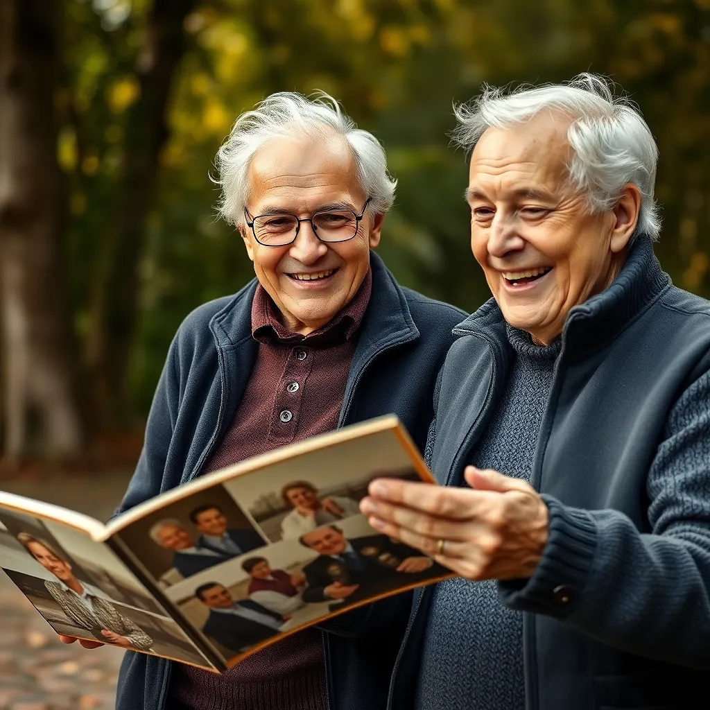 Happy old couple laughing and watching their photo album