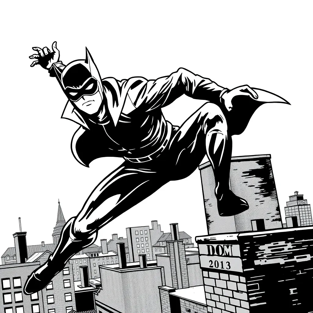 “Masked vigilante leaping across rooftops” – bold ink outlines, halftone shadows, dynamic Dutch angle