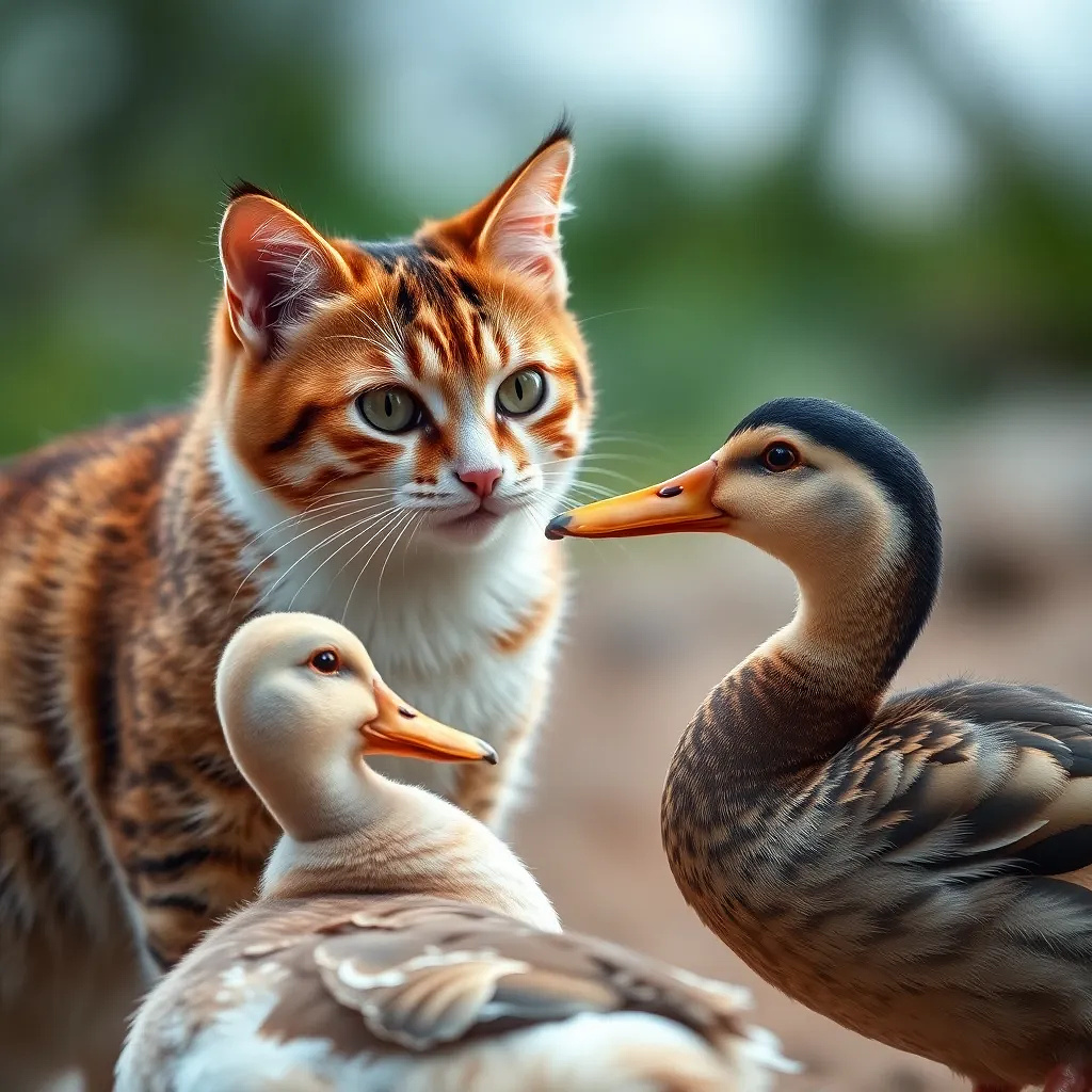 Beautiful cat playing with a DUCK