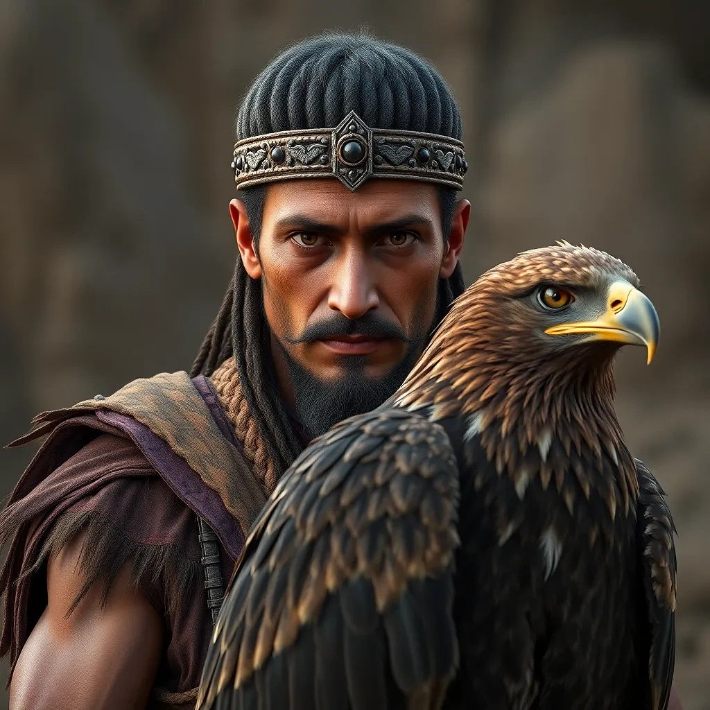 Ancient warrior with his eagle, full view, appropriate background added