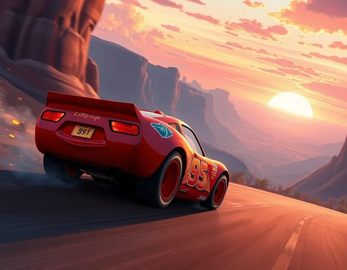 “Lightning McQueen drifting through a desert canyon hairpin, sparks flying off tires, sunset horizon ablaze, competitive grin”