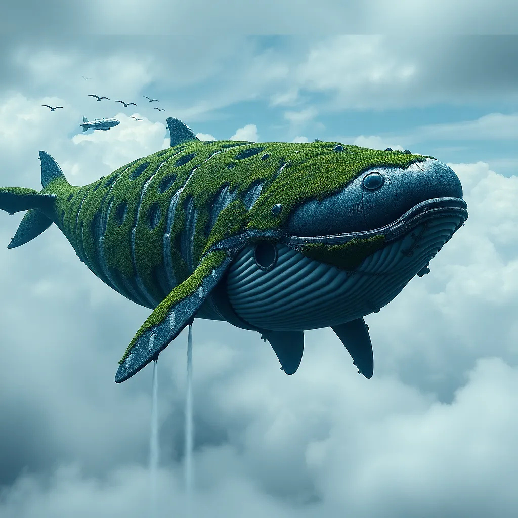Colossal whale floating in the clouds, covered in moss and waterfalls, airships circling like tiny birds.