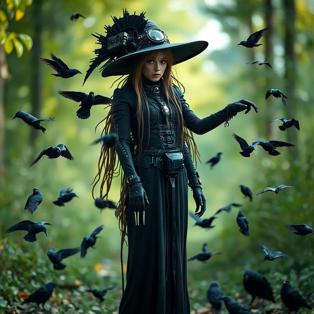 A cybernetic witch who weaves code into curses, her familiar a swarm of glitching pixel-crows.