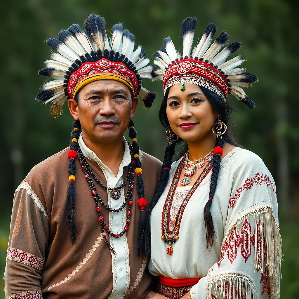 Native American couple wearing traditional clothes in their wedding day,