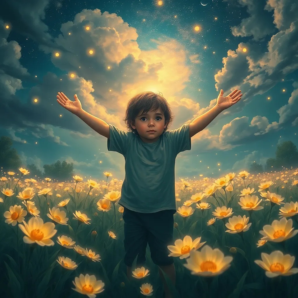 Child standing in a field of glowing flowers, arms outstretched as fireflies rise into a starry sky, magical realism.