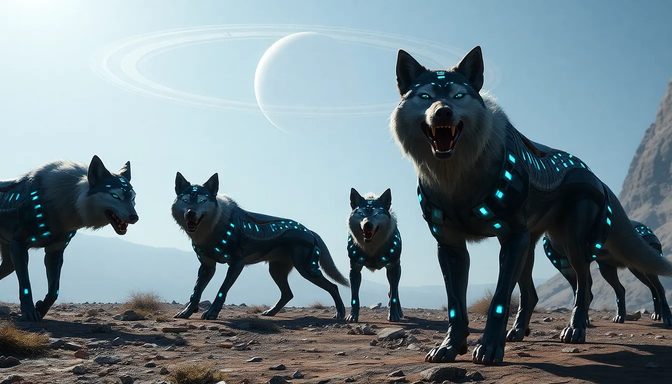 A pack of cybernetic wolf-like creatures with holographic fur, hunting on a planet with rings in the sky, sci-fi realism.