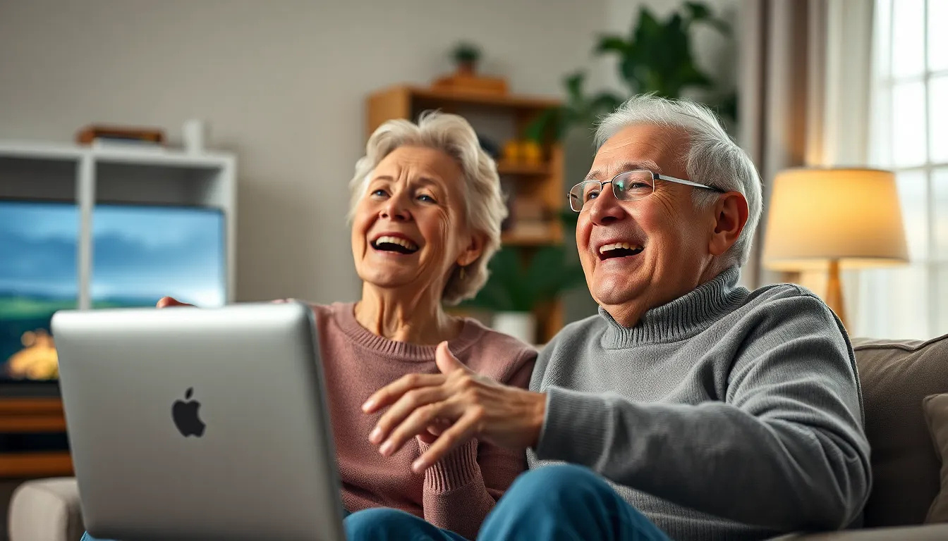 old couple laughing and watching tv