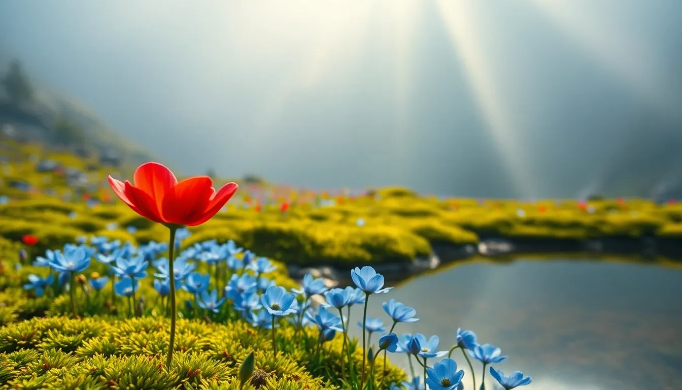 “Hidden Himalayan valley pool carpeted by Meconopsis blue poppies on mossy banks, rare scarlet primula sikkimensis edging waterline, misty dawn rays, photographic”