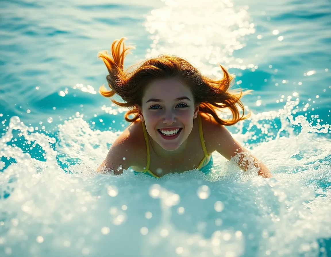 “Ariel rocketing upward through sunlit ocean, trail of bubbles, face alight with hope as she reaches for the surface”