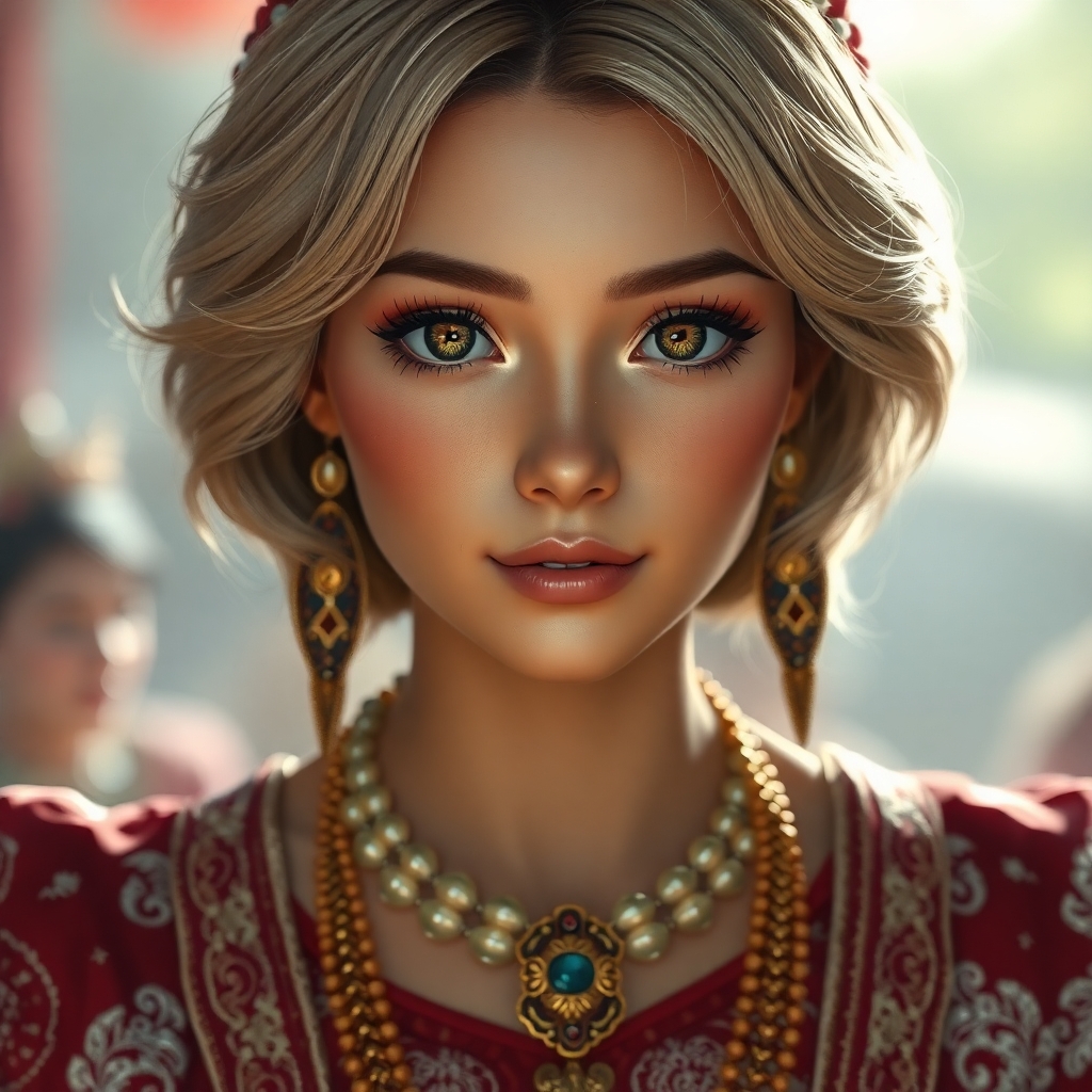 Woman with round face, 35 years old, light brown skin, light brown short hair, brown eyes, wearing Glorious clothes in her marriage ceremony and greeting gests