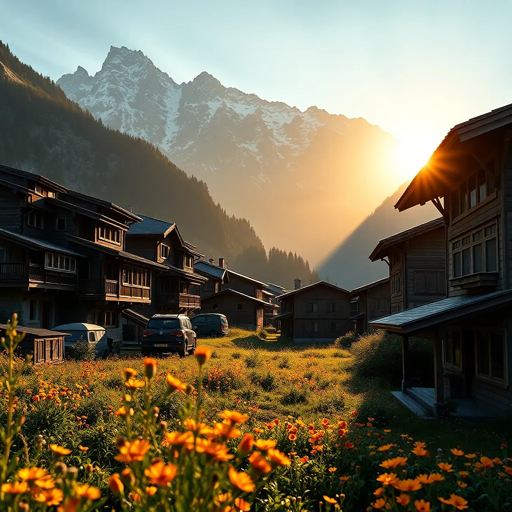 Majestic mountain village at sunrise, photorealistic, traditional wooden houses, golden light casting long shadows, surrounded by vibrant wildflowers, high-resolution